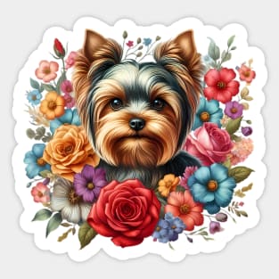 A yorkshire terrier with beautiful colorful flowers Sticker